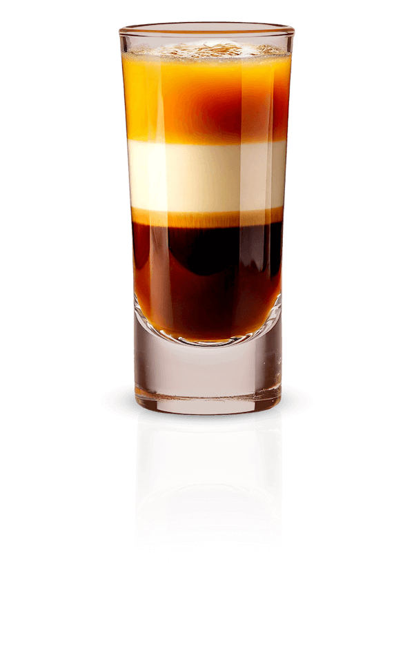 A Taking Flight shot served in a tall shot glass, featuring layered coffee liqueur, Stella Rosa Chocolate Hazelnut Cream Liqueur, and orange liqueur, creating a striking multi-tone effect